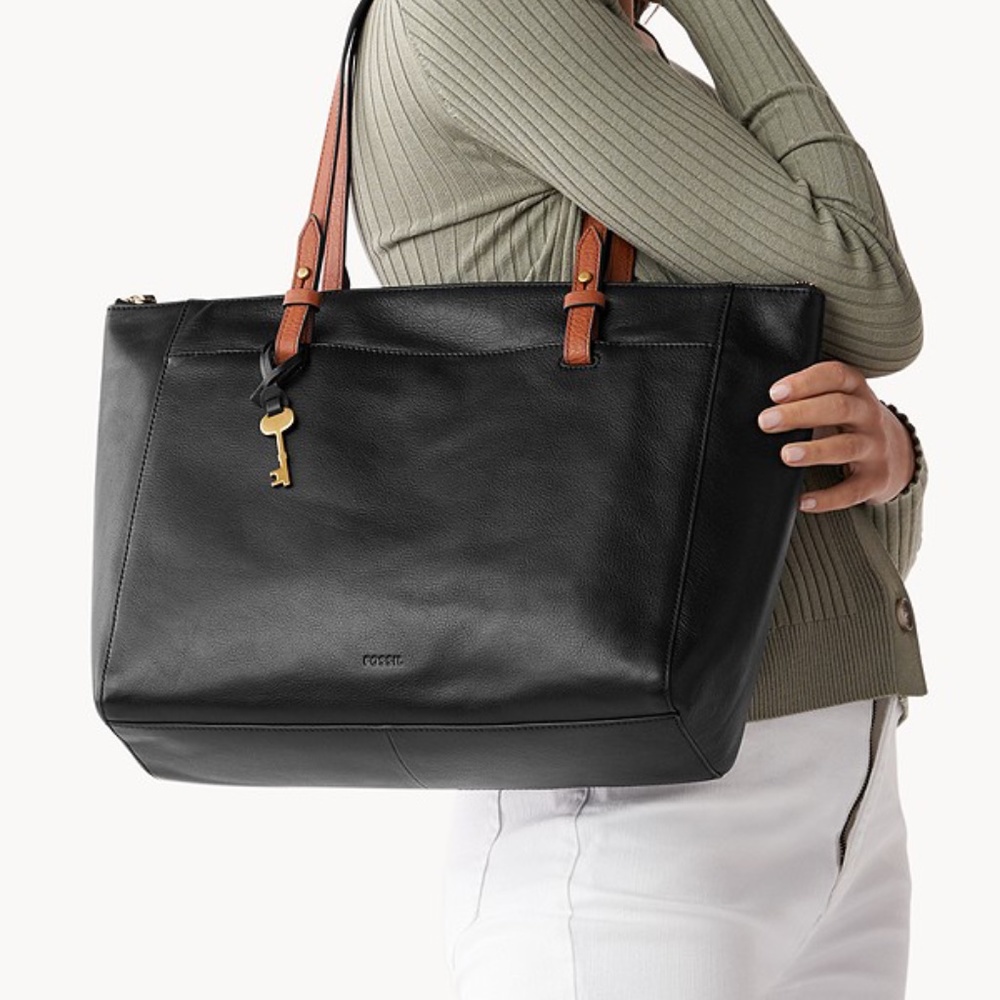 Fossil - Rachel Tote Bag Black with Brown Handle Straps